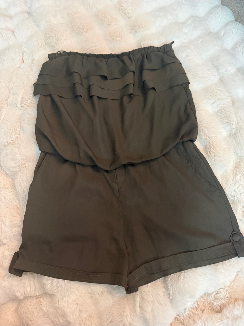 Arden B Olive Strapless Ruffle Romper